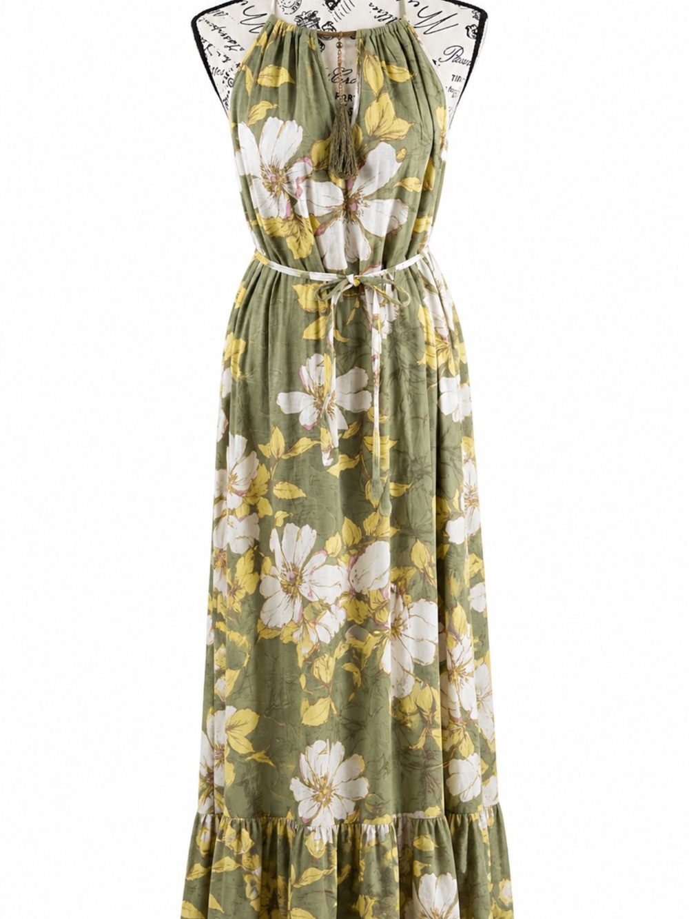 Mlle Gabrielle Sage Green Floral Tassel Tie High-Low Midi Dress Small